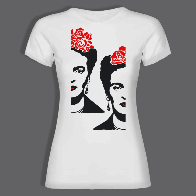 White t-shirt design of with vector conntour face of frida khalo in black, with red roses on top of hair. The face is split in half verticaly, the two parts of vector are swiched. the left part is slightily moved up. Design by Correct Studio